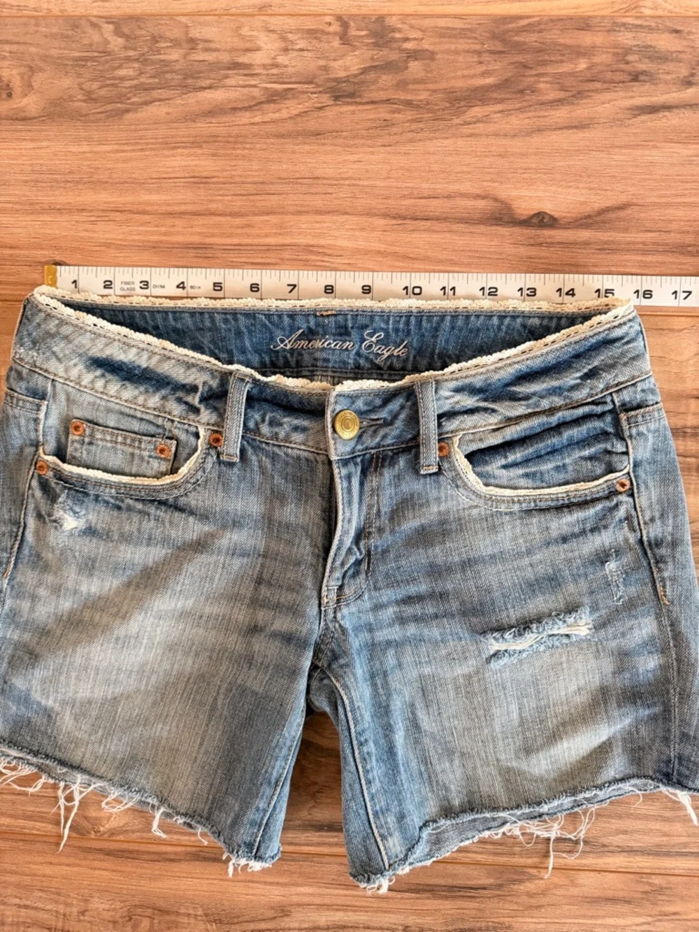 American Eagle Outfitters Light Blue Frayed Hem Denim Shorts Lace Detail - Picture 6 of 8